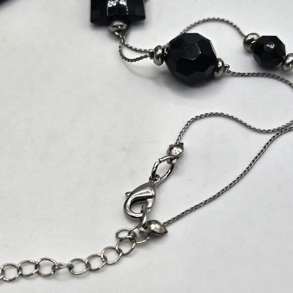 "5/$25" Long Silvertone Black Faceted Acrylic Bead Station Adjustable Necklace - Picture 3 of 7
